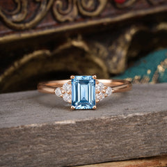 1CT Emerald Cut 4 Prong Aquamarine Classic Side Stone Engagement Ring