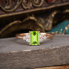 1CT Emerald Cut Peridot Classic Side Stone Engagement Ring