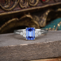 1CT Emerald Cut 4 Prong Sapphire Classic Side Stone Engagement Ring