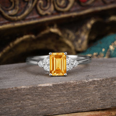 1CT Emerald Cut Citrine Classic Side Stone Engagement Ring