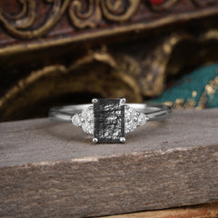 1CT Emerald Cut 4 Prong Black Rutilated Quartz Classic Side Stone Engagement Ring