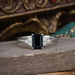 1CT Emerald Cut Black Onyx Classic Side Stone Engagement Ring