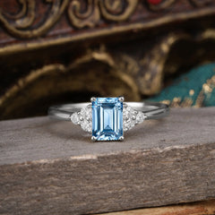 1CT Emerald Cut 4 Prong Aquamarine Classic Side Stone Engagement Ring