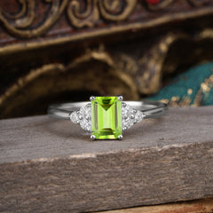 1CT Emerald Cut Peridot Classic Side Stone Engagement Ring