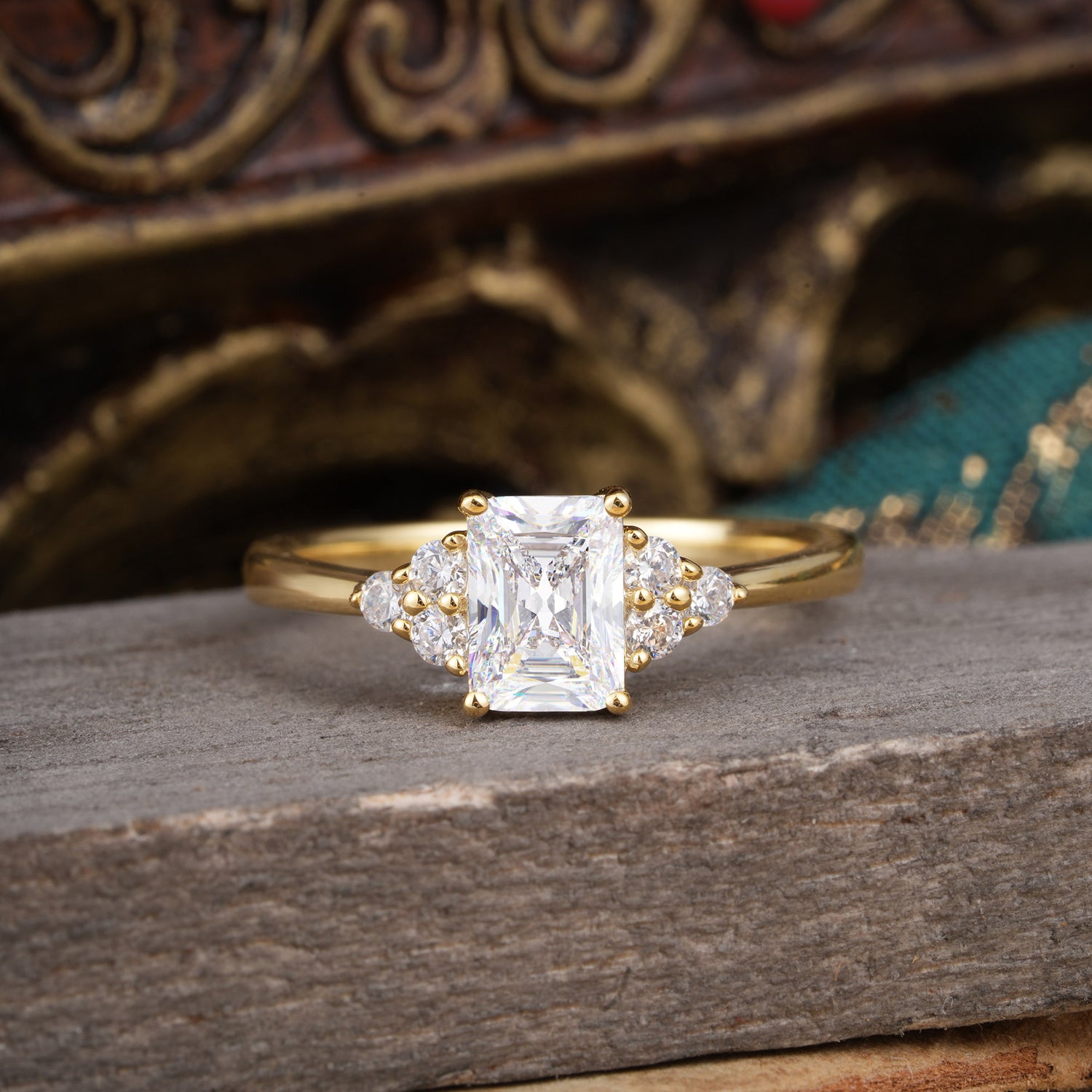 1CT Emerald Cut Moissanite Classic Side Stone Engagement Ring