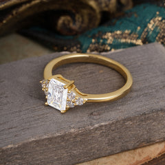 1CT Emerald Cut Moissanite Classic Side Stone Engagement Ring