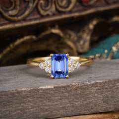 1CT Emerald Cut 4 Prong Sapphire Classic Side Stone Engagement Ring