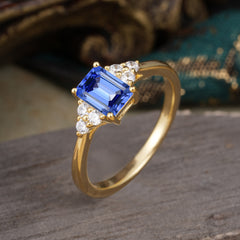 1CT Emerald Cut 4 Prong Sapphire Classic Side Stone Engagement Ring