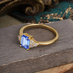 1CT Emerald Cut 4 Prong Sapphire Classic Side Stone Engagement Ring