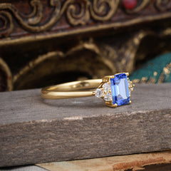 1CT Emerald Cut 4 Prong Sapphire Classic Side Stone Engagement Ring