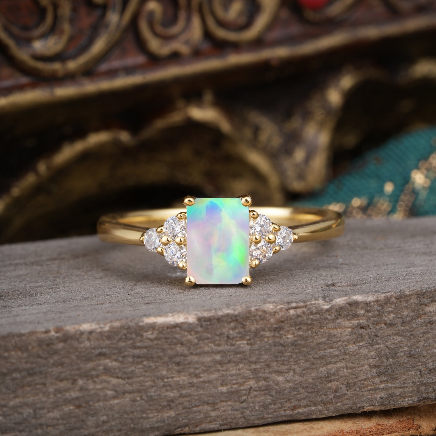 1CT Emerald Cut 4 Prong Opal Classic Side Stone Engagement Ring