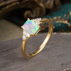1CT Emerald Cut 4 Prong Opal Classic Side Stone Engagement Ring