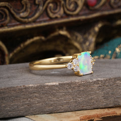 1CT Emerald Cut 4 Prong Opal Classic Side Stone Engagement Ring