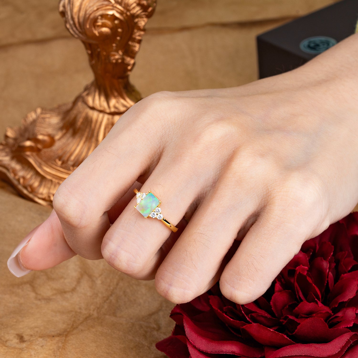 1CT Emerald Cut 4 Prong Opal Classic Side Stone Engagement Ring