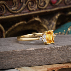 1CT Emerald Cut Citrine Classic Side Stone Engagement Ring