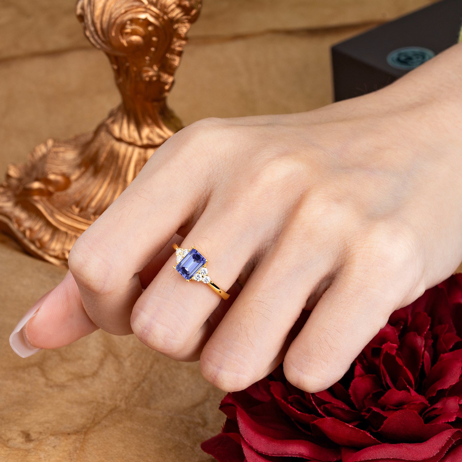 1CT Emerald Cut Tanzanite Classic Side Stone Engagement Ring