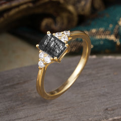 1CT Emerald Cut 4 Prong Black Rutilated Quartz Classic Side Stone Engagement Ring