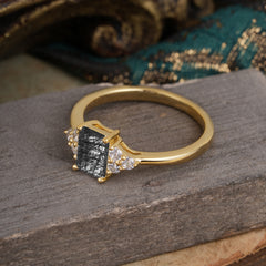 1CT Emerald Cut 4 Prong Black Rutilated Quartz Classic Side Stone Engagement Ring