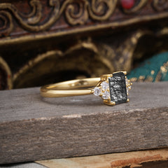 1CT Emerald Cut 4 Prong Black Rutilated Quartz Classic Side Stone Engagement Ring