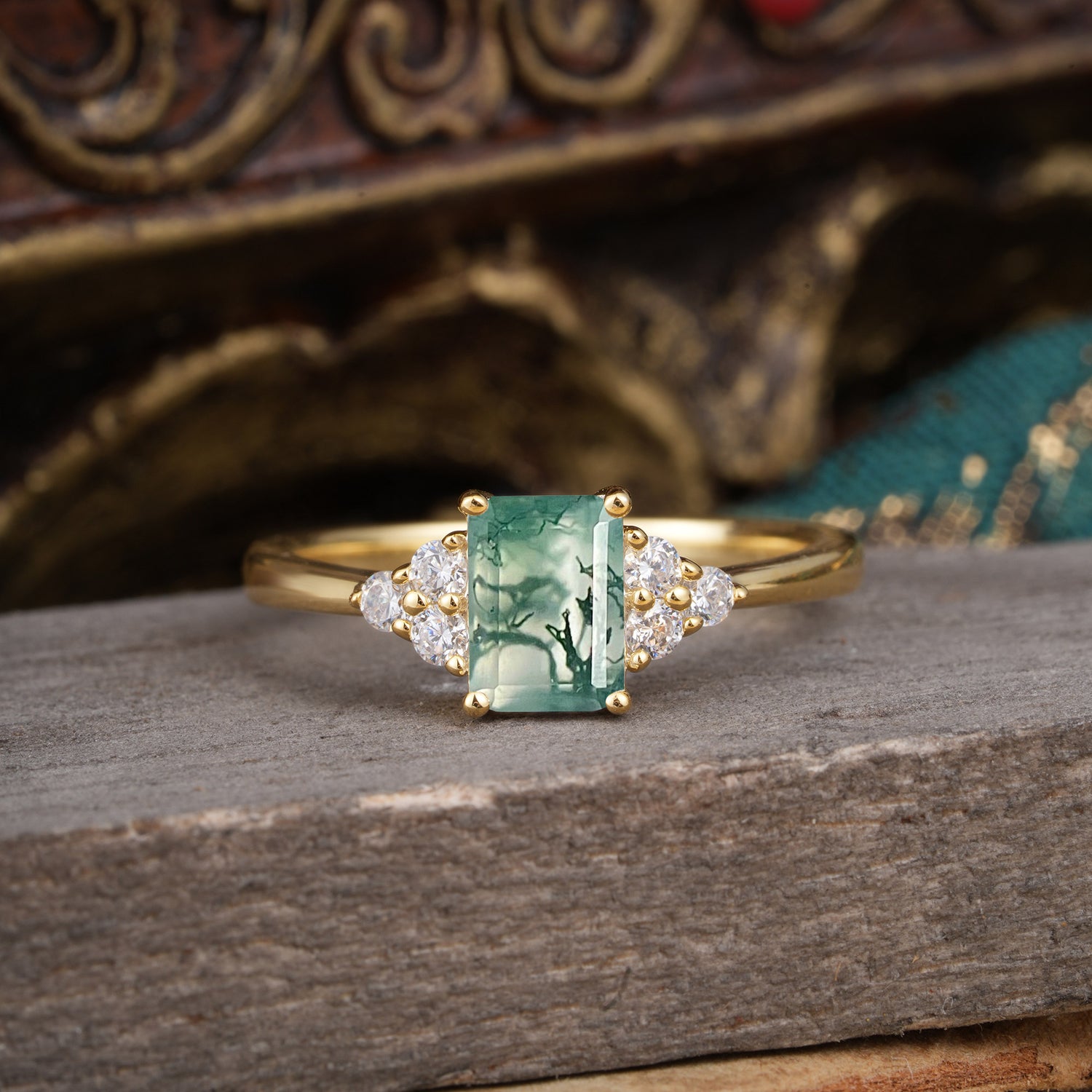 1CT Emerald Cut Moss Agate Classic Side Stone Engagement Ring
