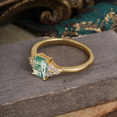 1CT Emerald Cut Moss Agate Classic Side Stone Engagement Ring