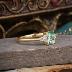 1CT Emerald Cut Moss Agate Classic Side Stone Engagement Ring