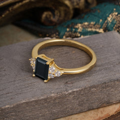 1CT Emerald Cut Black Onyx Classic Side Stone Engagement Ring