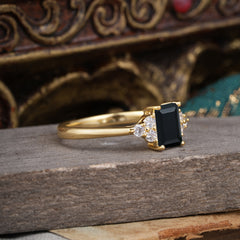 1CT Emerald Cut Black Onyx Classic Side Stone Engagement Ring