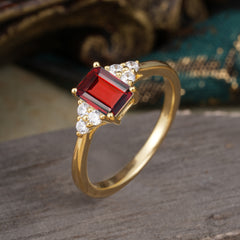 1CT Emerald Cut 4 Prong Garnet Classic Side Stone Engagement Ring