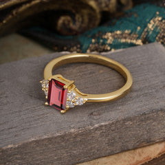 1CT Emerald Cut 4 Prong Garnet Classic Side Stone Engagement Ring