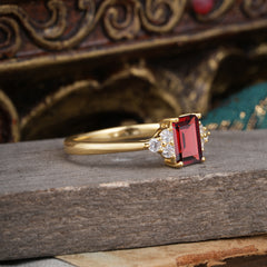 1CT Emerald Cut 4 Prong Garnet Classic Side Stone Engagement Ring