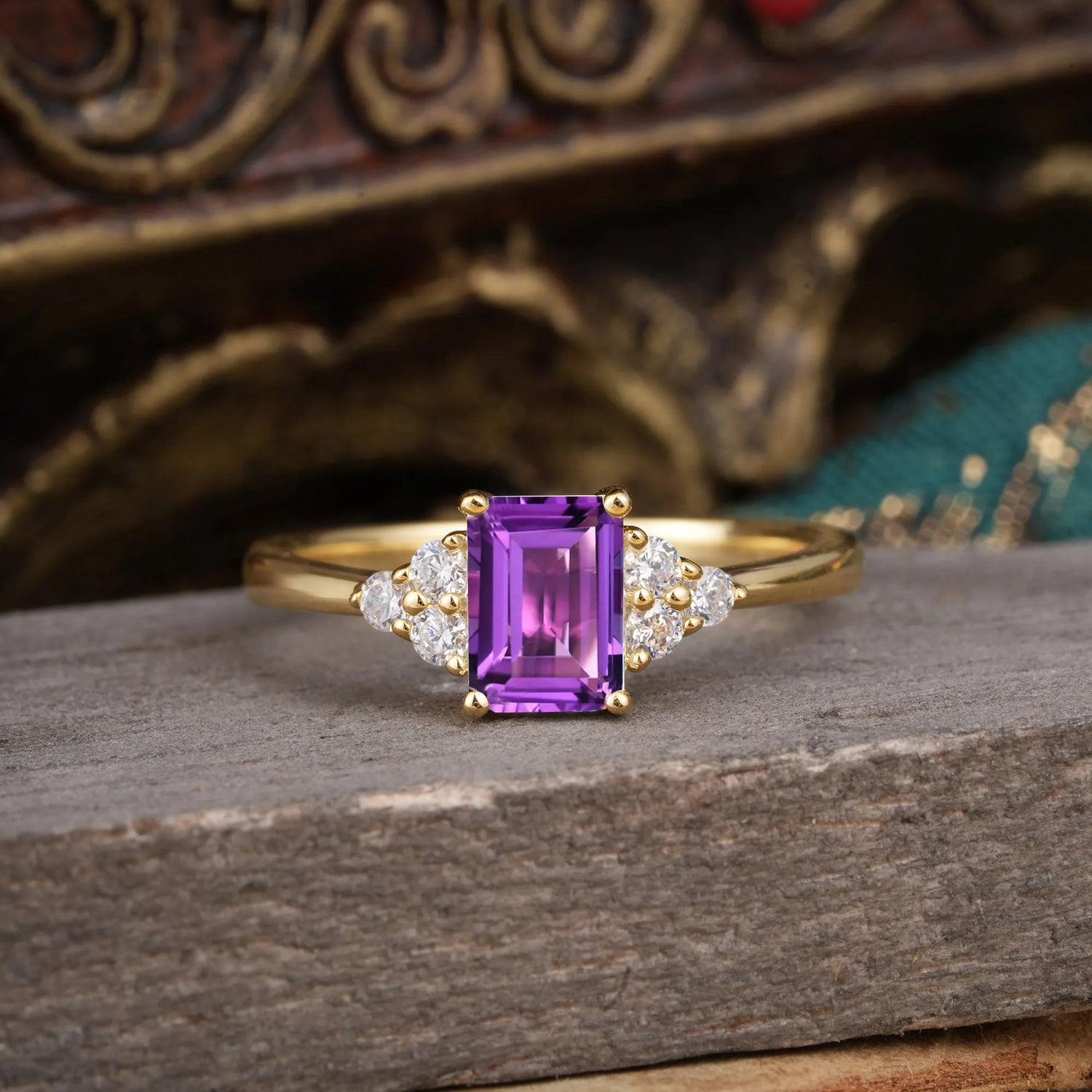 1CT Emerald Cut 4 Prong Amethyst Classic Side Stone Engagement Ring