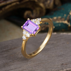 1CT Emerald Cut 4 Prong Amethyst Classic Side Stone Engagement Ring