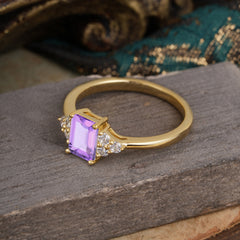 1CT Emerald Cut 4 Prong Amethyst Classic Side Stone Engagement Ring