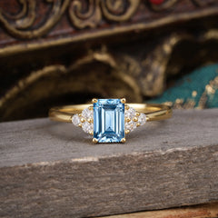 1CT Emerald Cut 4 Prong Aquamarine Classic Side Stone Engagement Ring