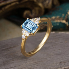 1CT Emerald Cut 4 Prong Aquamarine Classic Side Stone Engagement Ring
