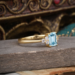1CT Emerald Cut 4 Prong Aquamarine Classic Side Stone Engagement Ring