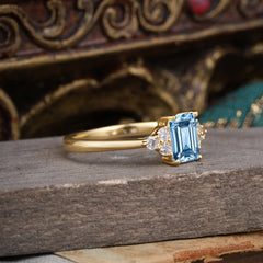 1CT Emerald Cut 4 Prong Aquamarine Classic Side Stone Engagement Ring