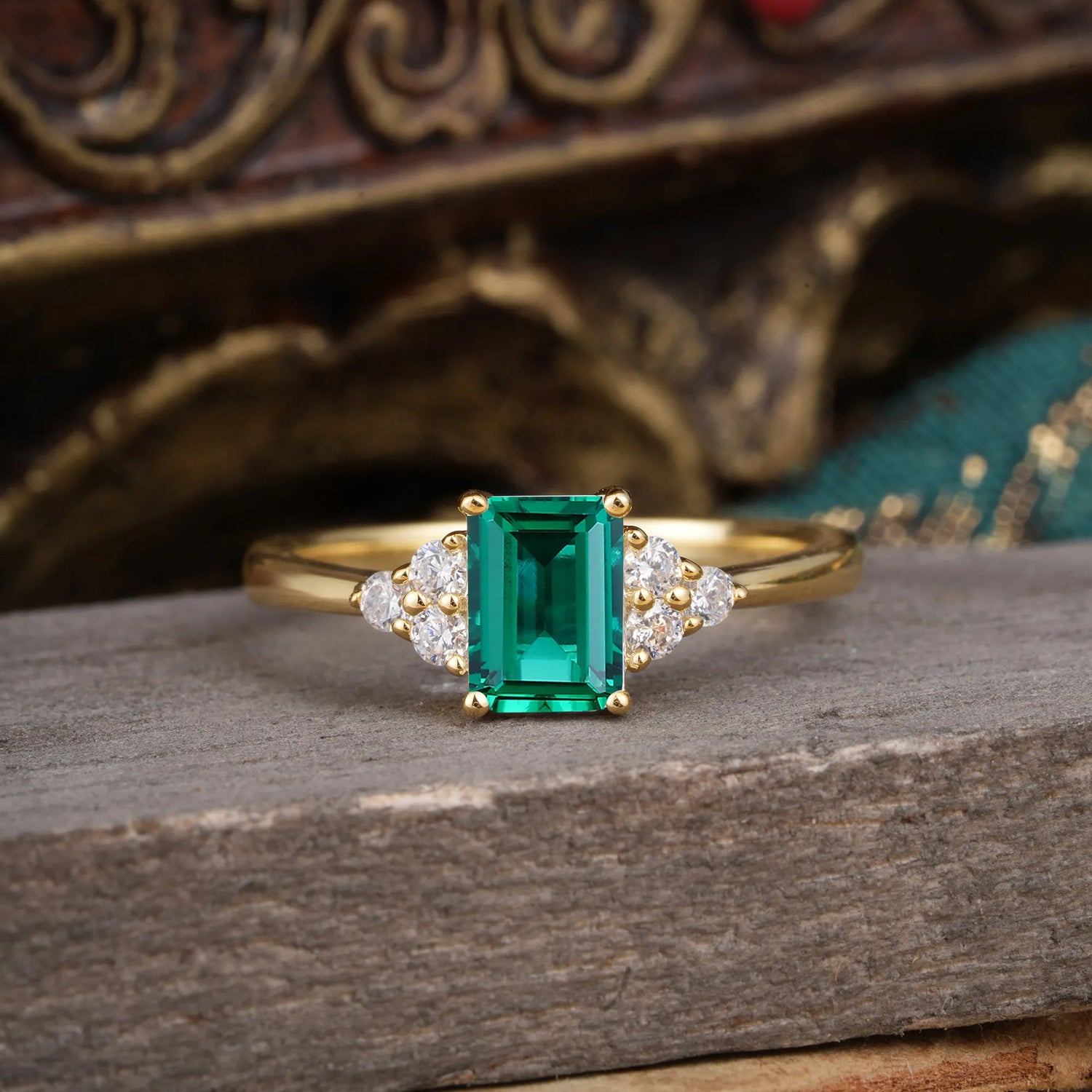 1CT Emerald Cut Emerald Classic Side Stone Engagement Ring