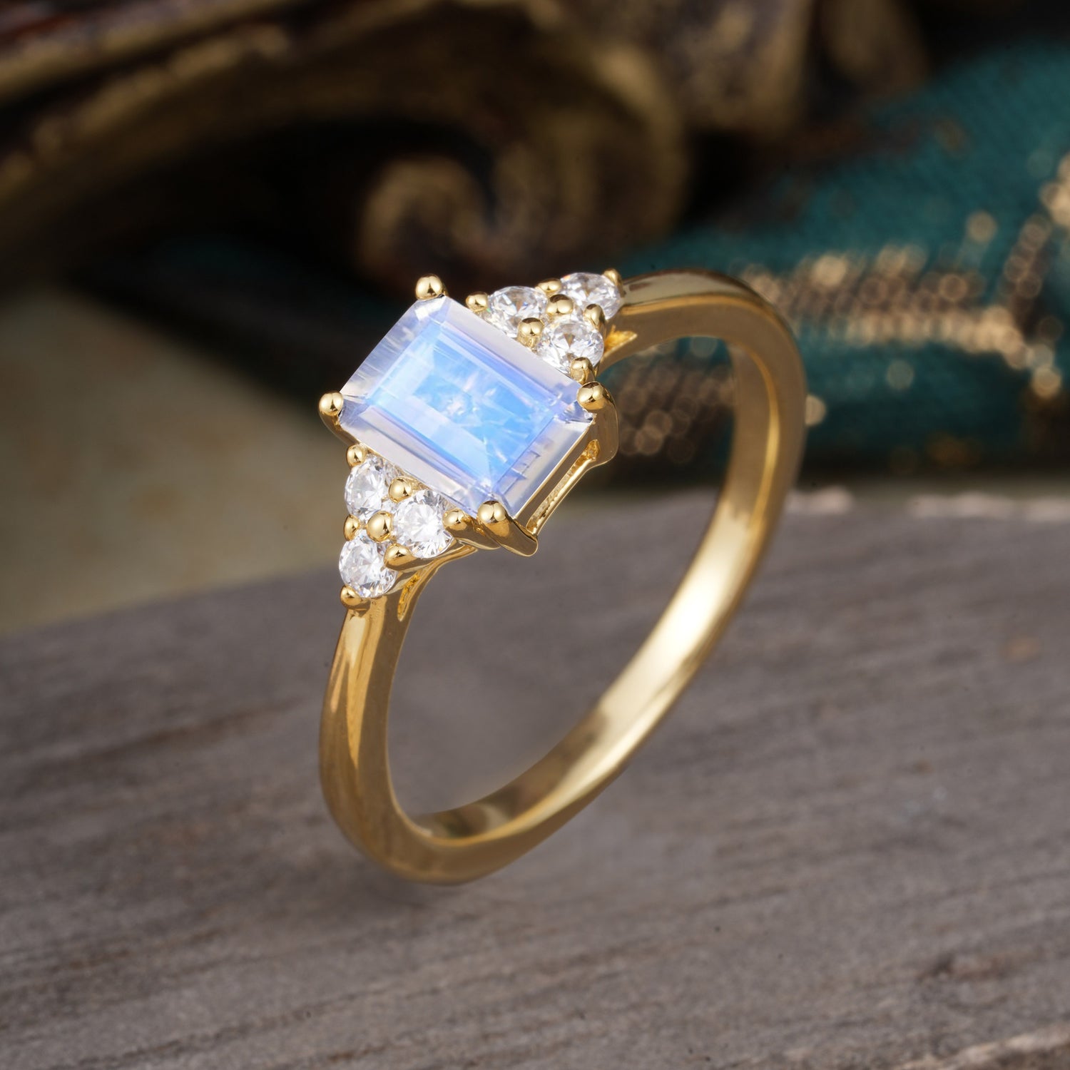 1CT Emerald Cut Moonstone Classic Side Stone Engagement Ring