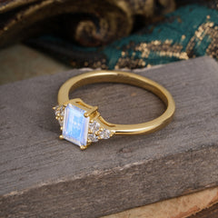 1CT Emerald Cut Moonstone Classic Side Stone Engagement Ring