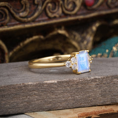 1CT Emerald Cut Moonstone Classic Side Stone Engagement Ring