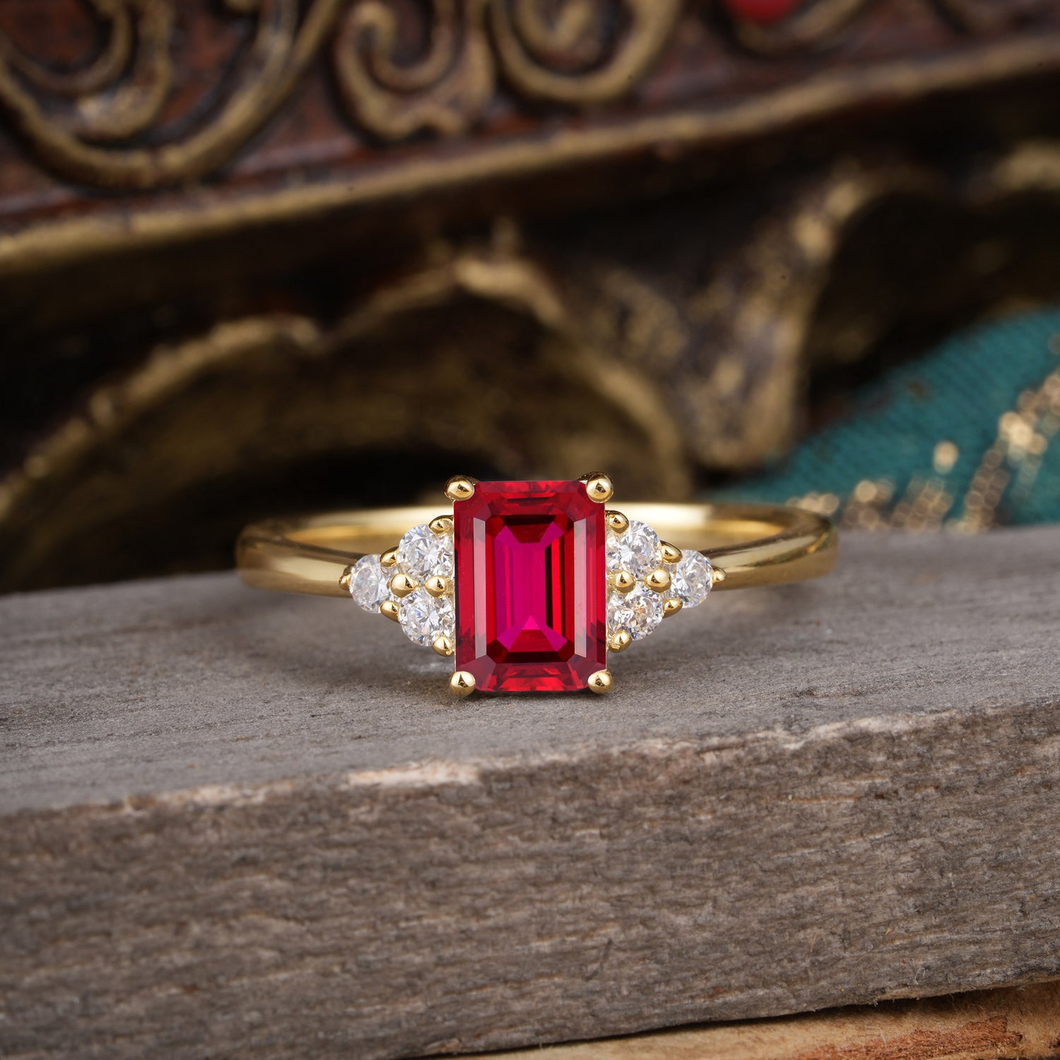 1CT Emerald Cut 4 Prong Ruby Classic Side Stone Engagement Ring