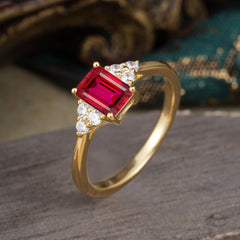 1CT Emerald Cut 4 Prong Ruby Classic Side Stone Engagement Ring