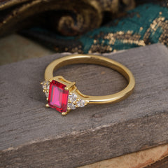 1CT Emerald Cut 4 Prong Ruby Classic Side Stone Engagement Ring