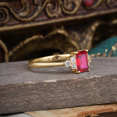 1CT Emerald Cut 4 Prong Ruby Classic Side Stone Engagement Ring