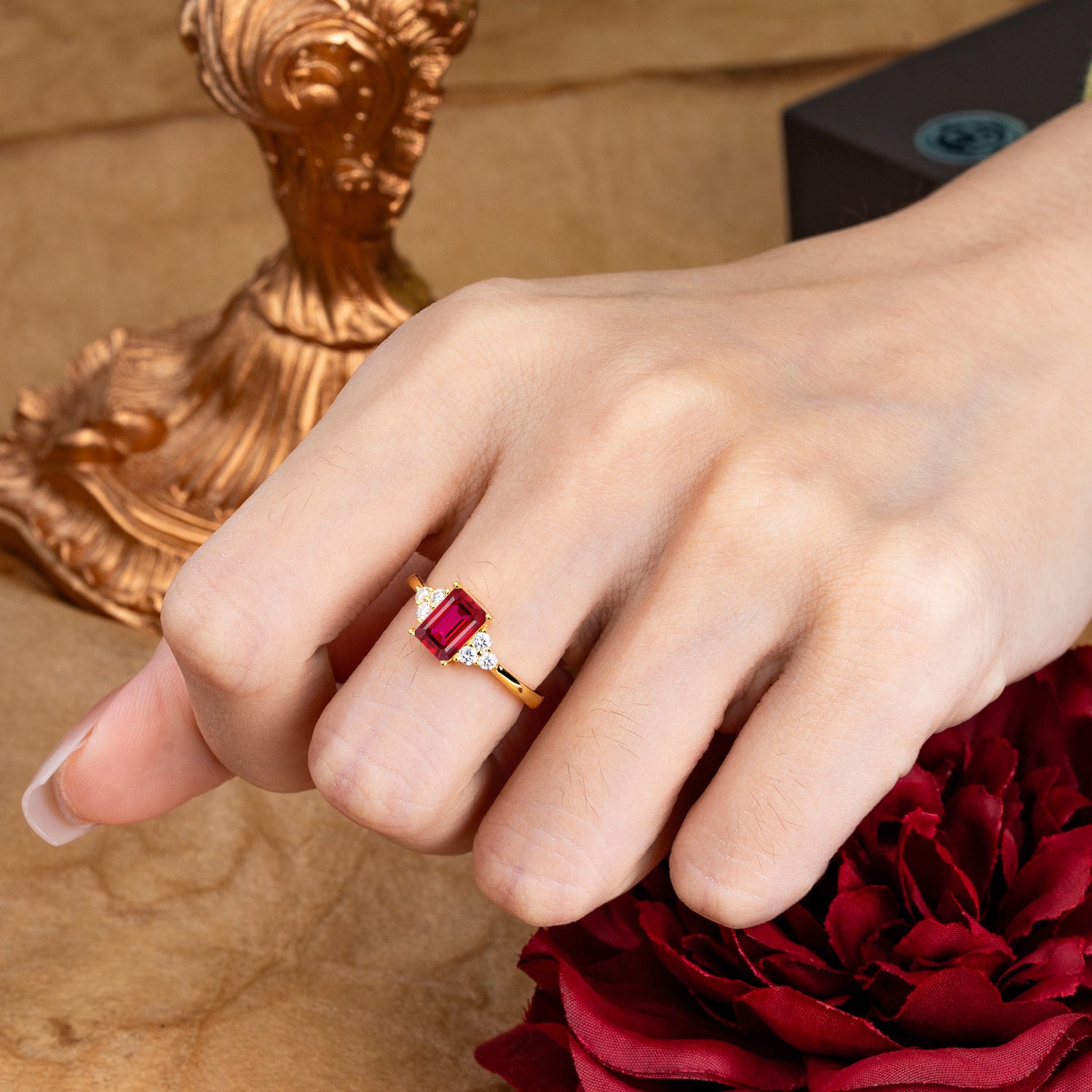 1CT Emerald Cut 4 Prong Ruby Classic Side Stone Engagement Ring