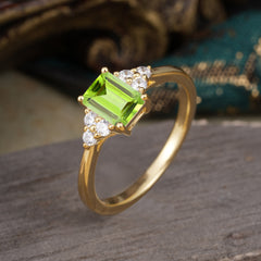 1CT Emerald Cut Peridot Classic Side Stone Engagement Ring