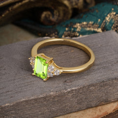 1CT Emerald Cut Peridot Classic Side Stone Engagement Ring
