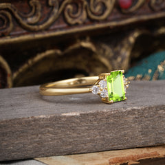 1CT Emerald Cut Peridot Classic Side Stone Engagement Ring